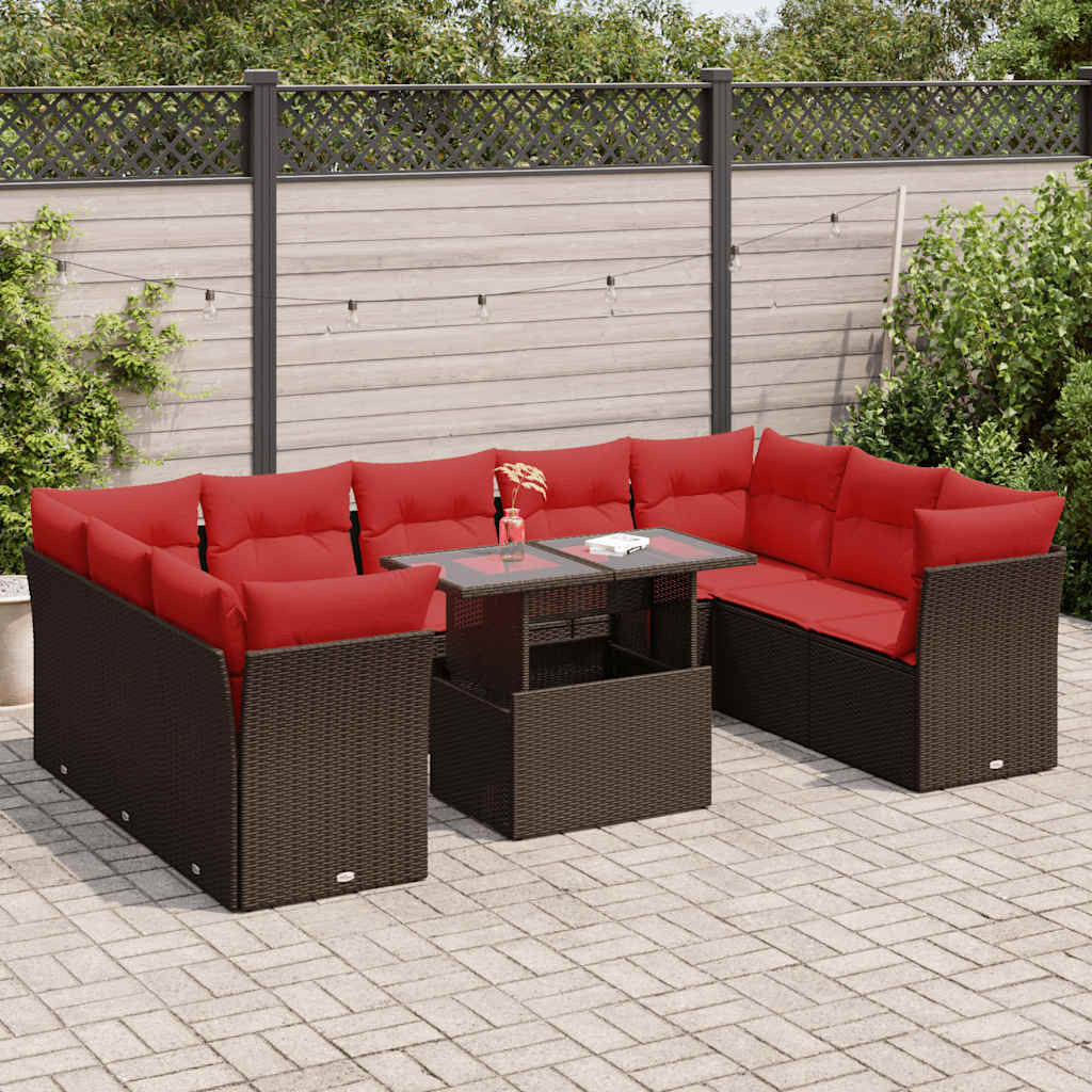 vidaXL 10-tlg. Garten-Sofagarnitur mit Kissen Braun Poly Rattan Akazie
