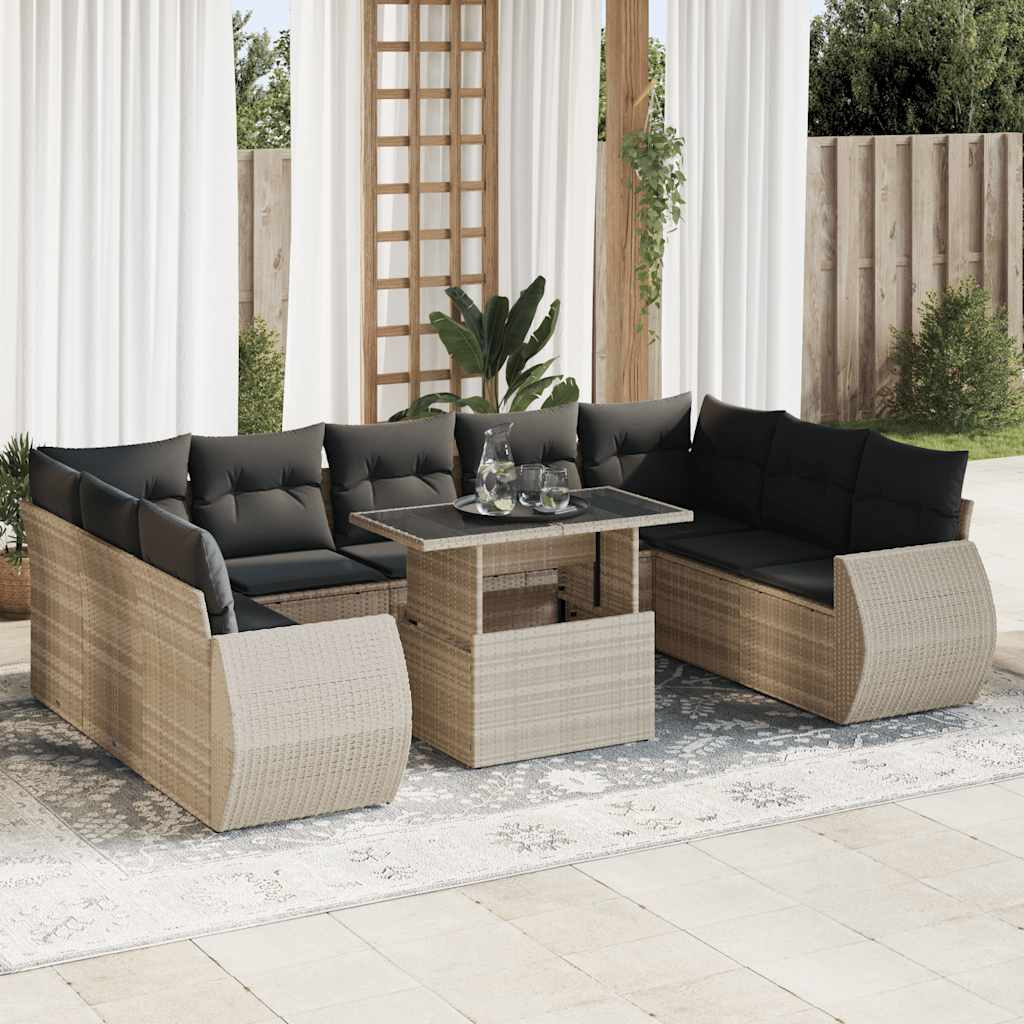 vidaXL 10-tlg. Garten-Sofagarnitur mit Kissen Hellgrau Poly Rattan