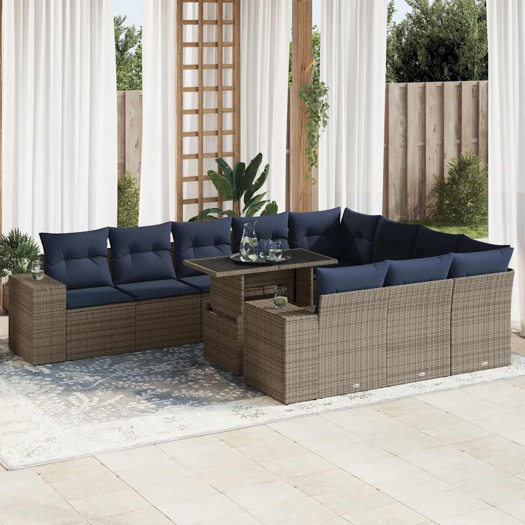 vidaXL 11-tlg. Garten-Sofagarnitur mit Kissen Grau Poly Rattan Akazie