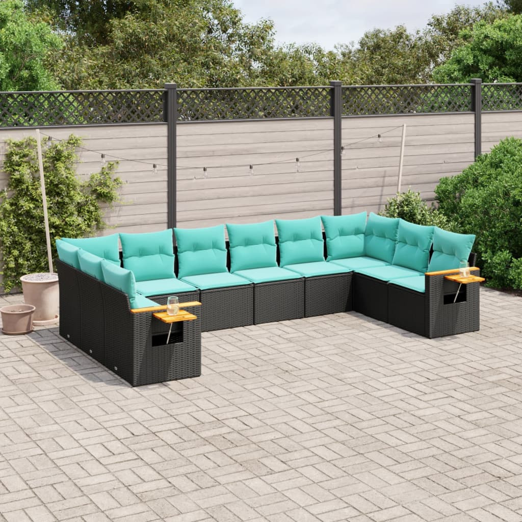 vidaXL 10-tlg. Garten-Sofagarnitur mit Kissen Schwarz Poly Rattan