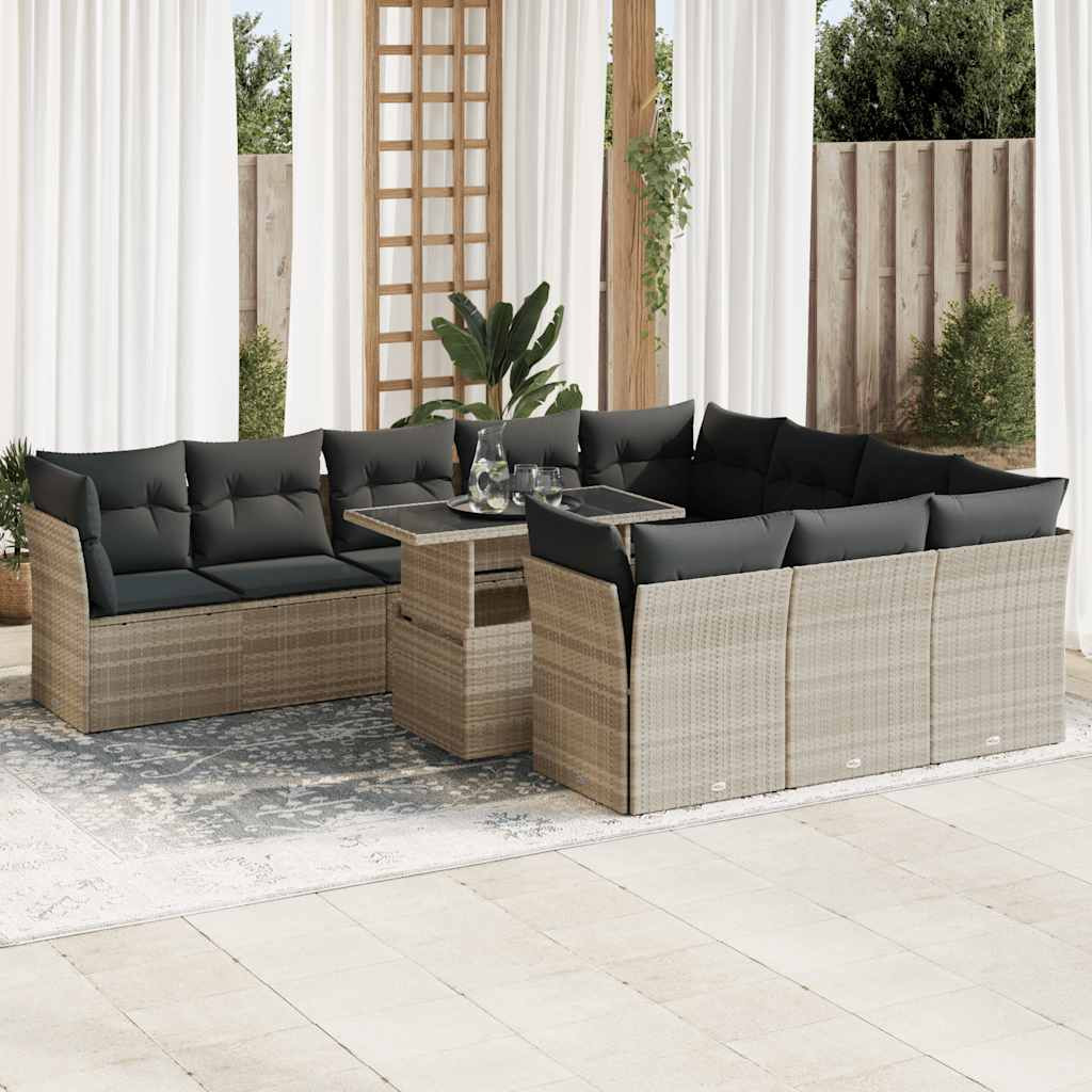 vidaXL 11-tlg. Garten-Sofagarnitur mit Kissen Hellgrau Poly Rattan