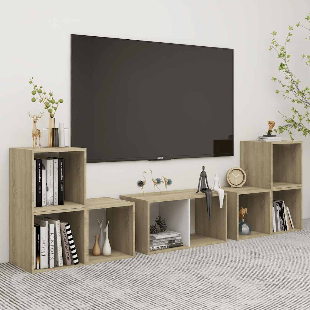 vidaXL 6-tlg. TV-Schrank-Set Weiß Sonoma-Eiche Holzwerkstoff