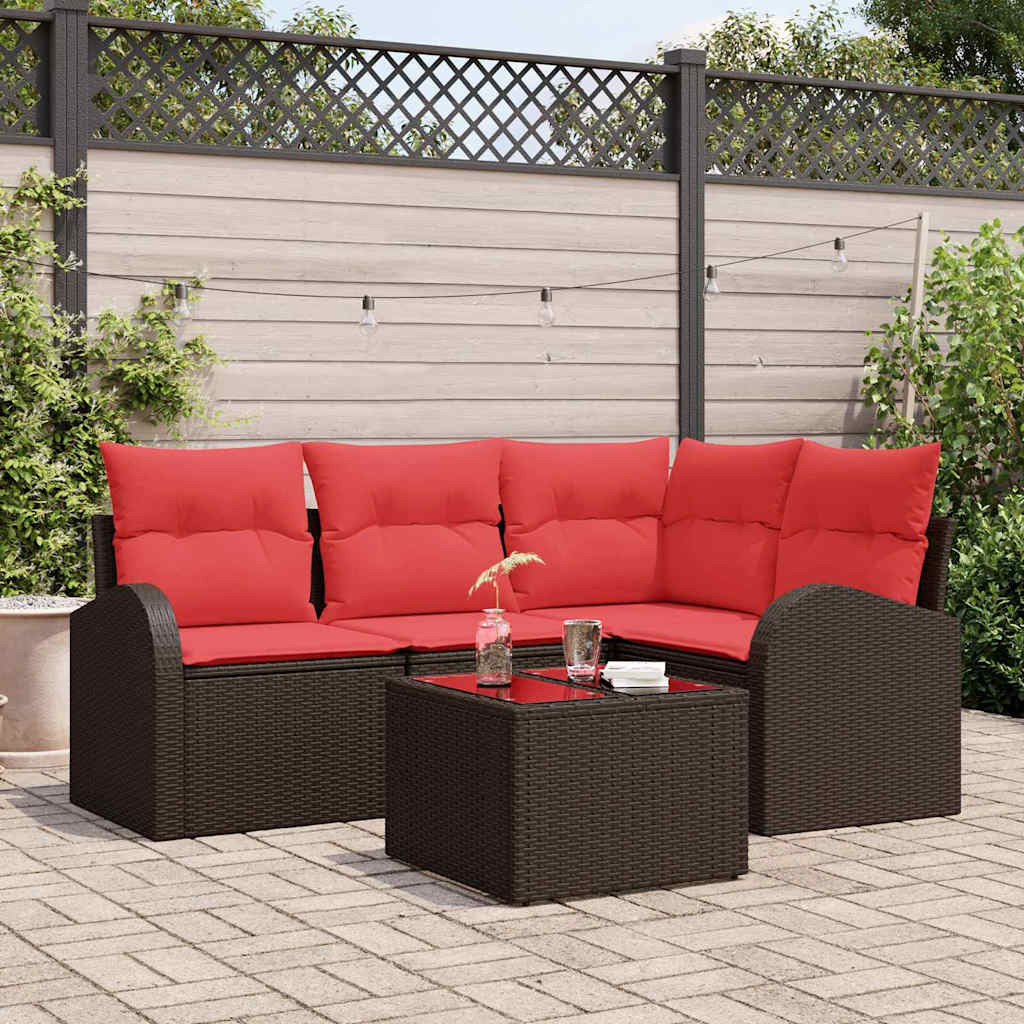 vidaXL Gartensofa-set mit Kissen 5 pcs Braun und Rot Poly-Rattan