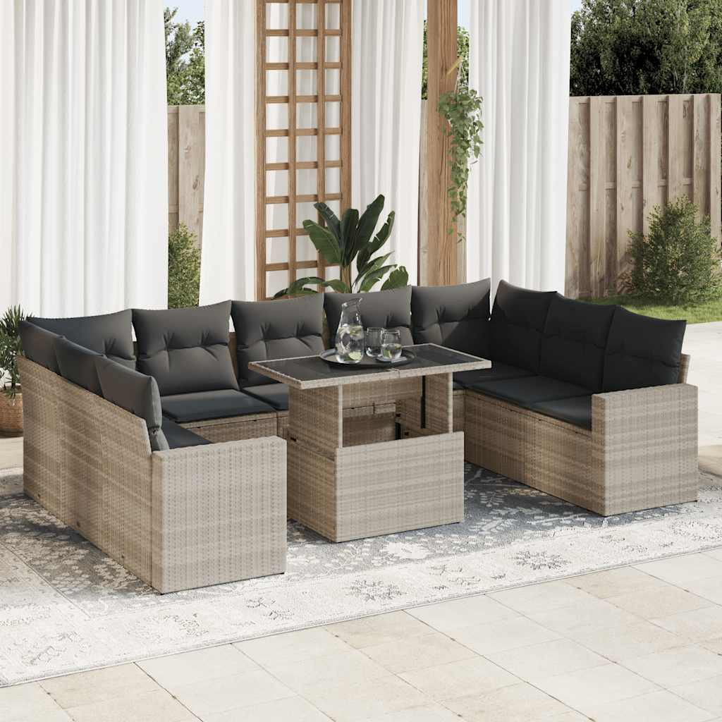 vidaXL 10-tlg. Garten-Sofagarnitur mit Kissen Hellgrau Poly Rattan