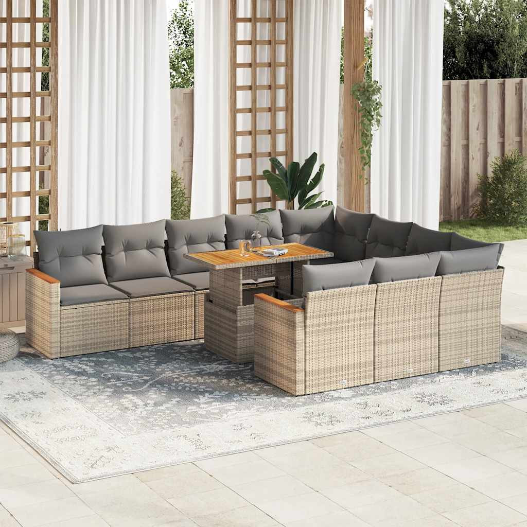 vidaXL 11-tlg. Garten-Sofagarnitur mit Kissen Beige Poly Rattan Akazie