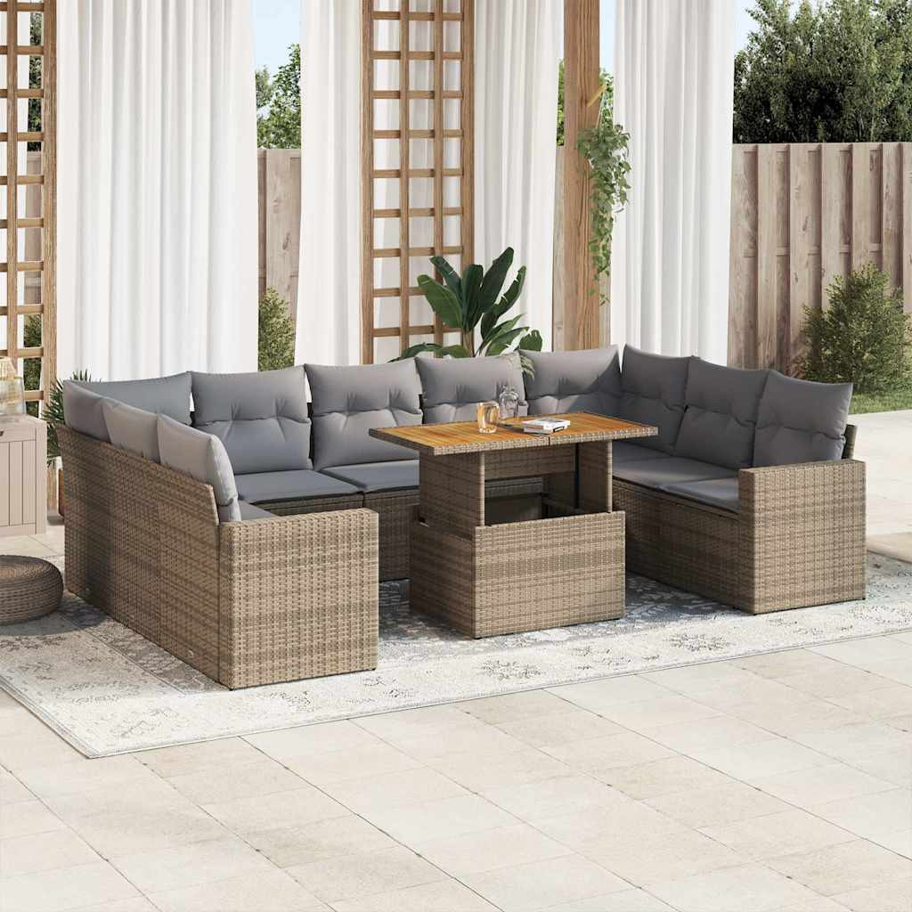 vidaXL 10-tlg. Garten-Sofagarnitur mit Kissen Beige Poly Rattan