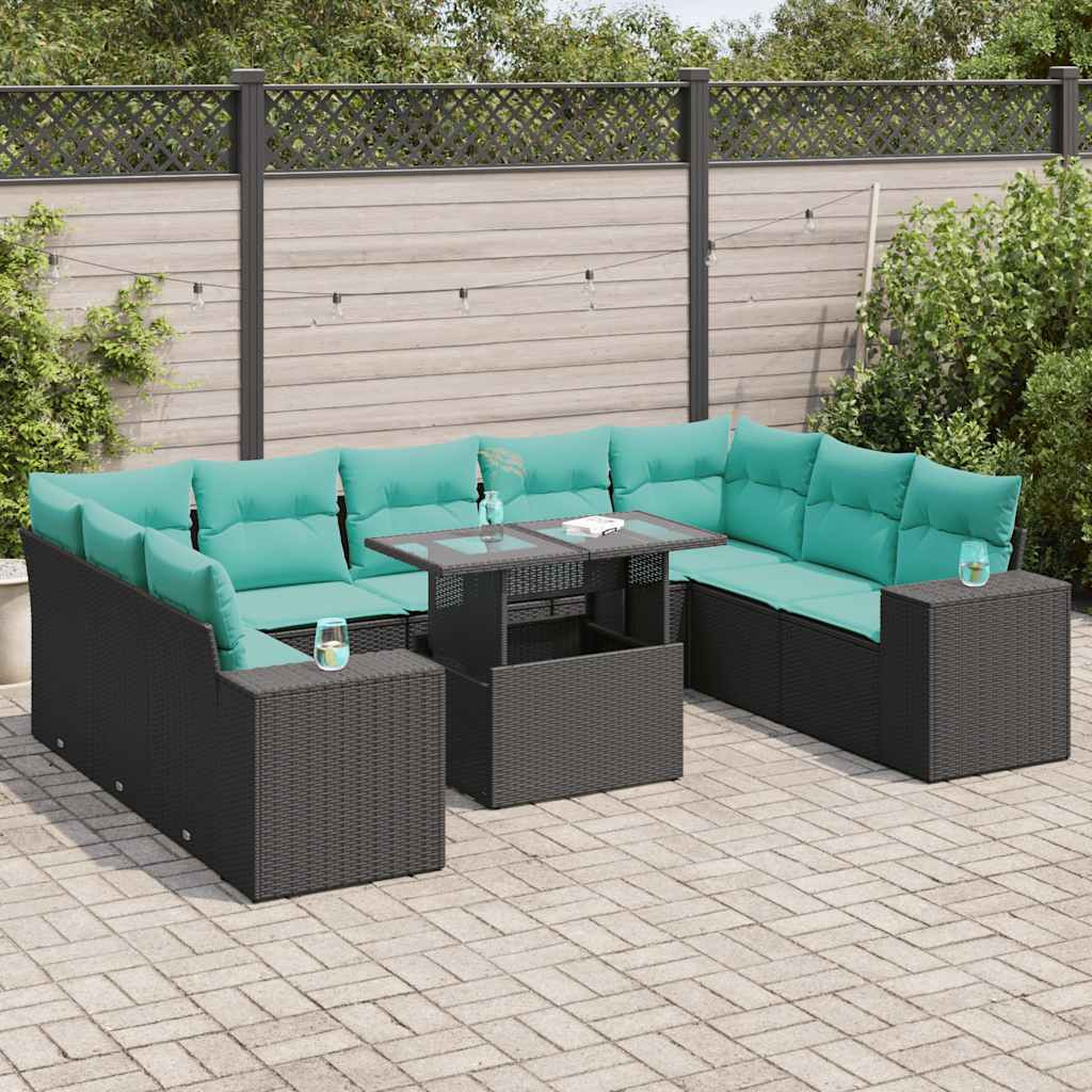 vidaXL 10-tlg. Garten-Sofagarnitur mit Kissen Schwarz Poly Rattan