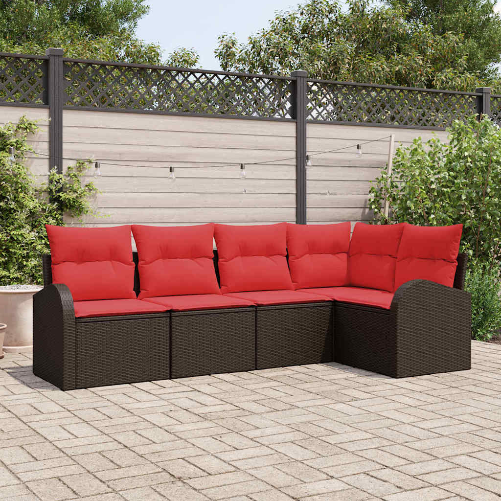 vidaXL Gartensofa-set mit Kissen 5 pcs Braun und Rot Poly-Rattan