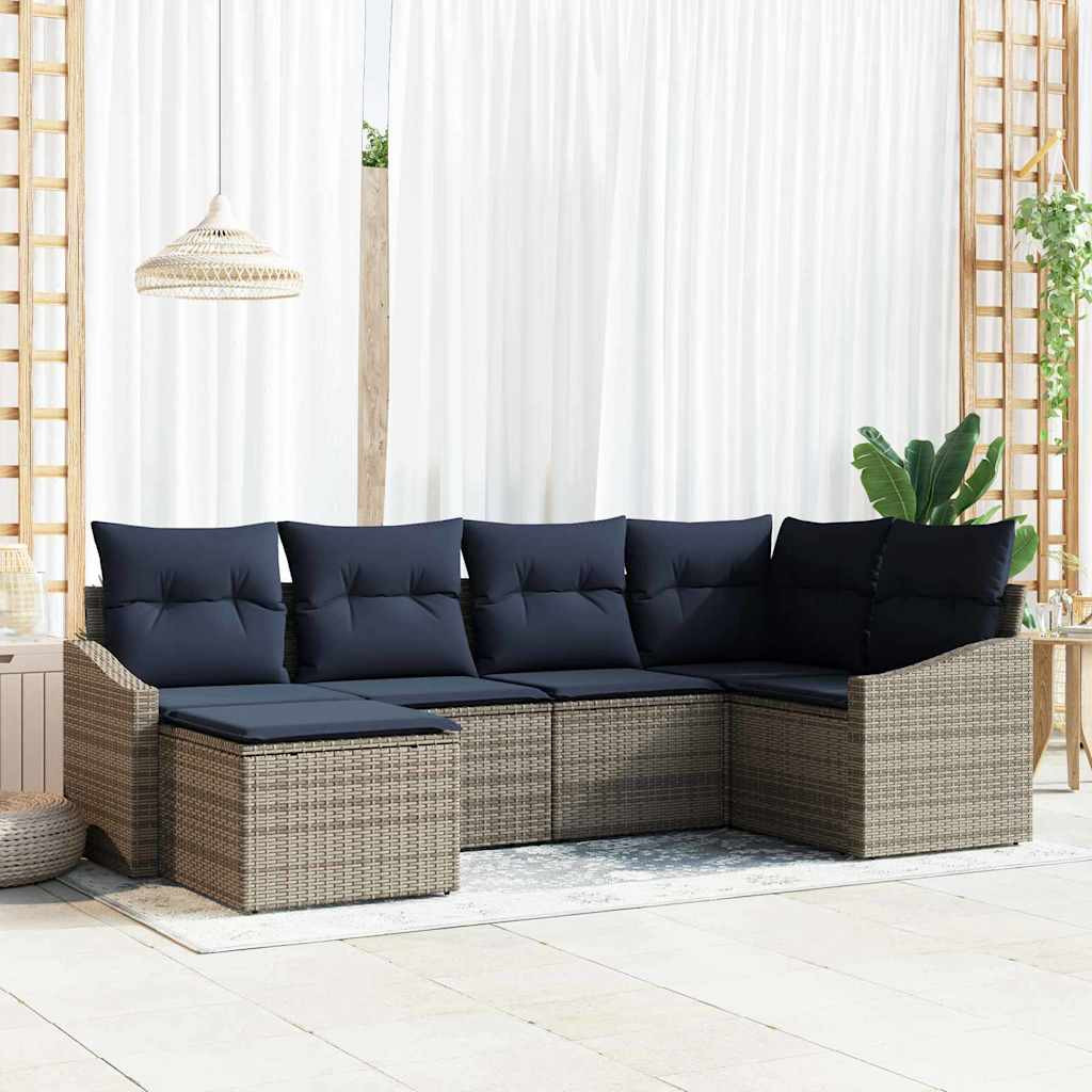 vidaXL Sofa Set mit Kissen 6 pcs Grau und Marineblau Poly-Rattan