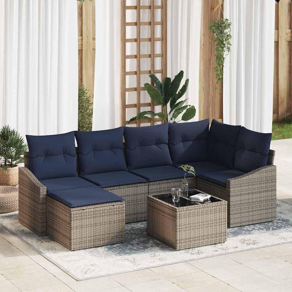 vidaXL Sofa Set mit Kissen 7 pcs Grau und Marineblau Poly-Rattan