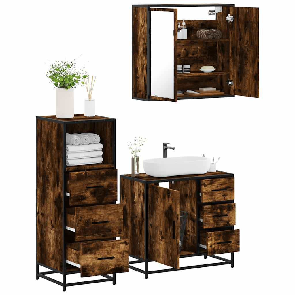 vidaXL 3-tlg. Badmöbel-Set Räuchereiche Holzwerkstoff