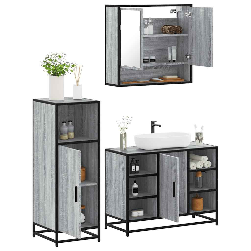 vidaXL 3-tlg. Badmöbel-Set Grau Sonoma Holzwerkstoff