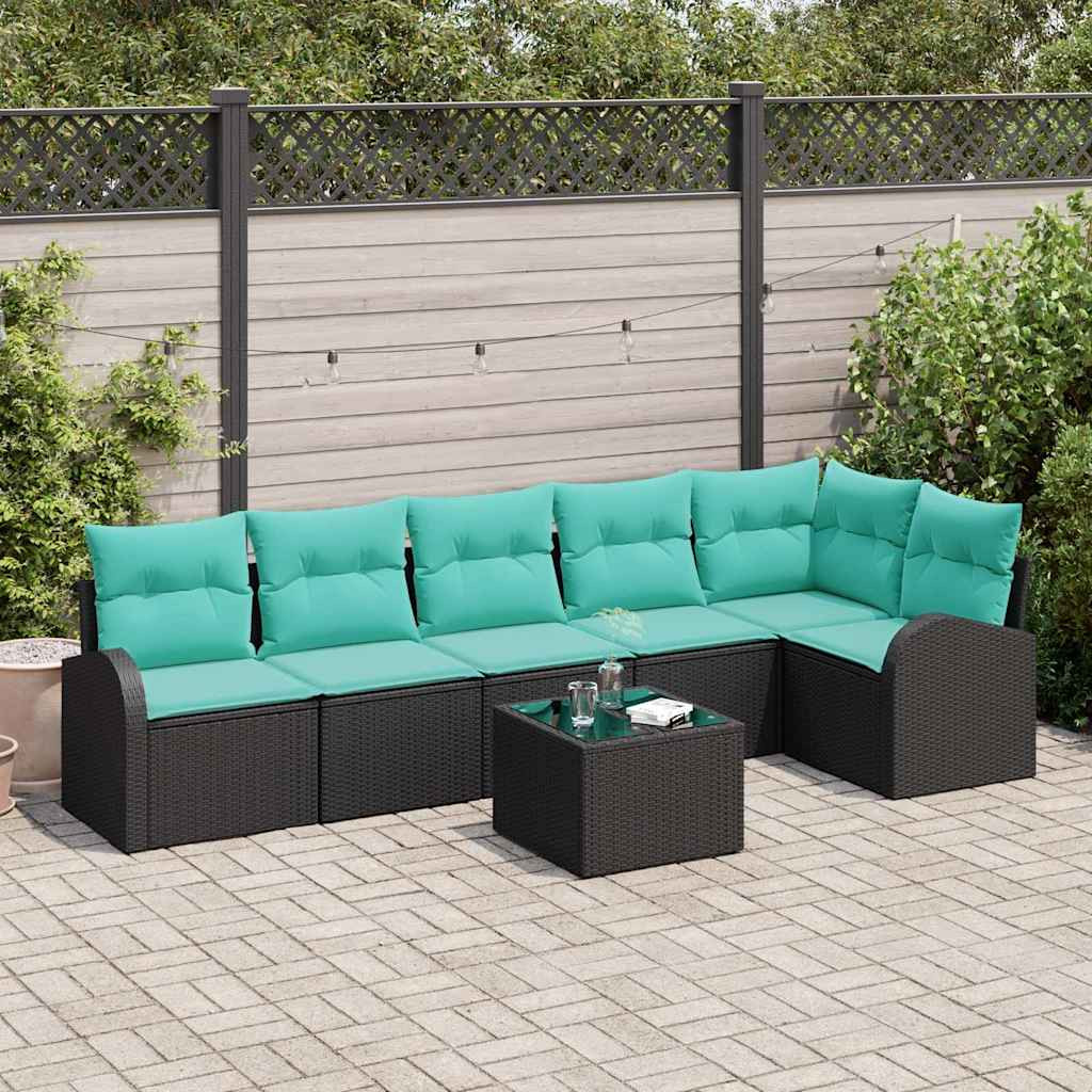 vidaXL Gartensofa-set mit Kissen 7 pcs Schwarz und Türkis Poly-Rattan