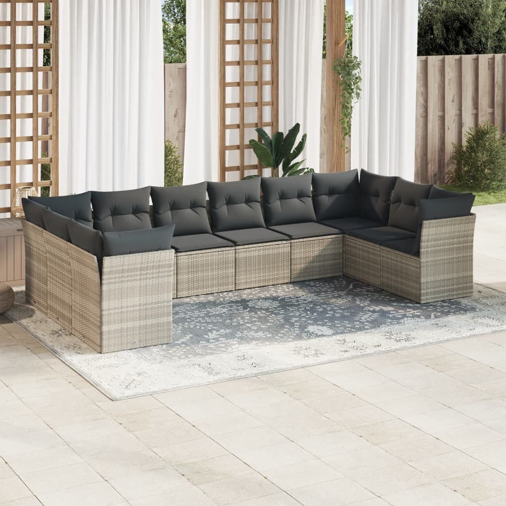 vidaXL 10-tlg. Garten-Sofagarnitur mit Kissen Hellgrau Poly Rattan