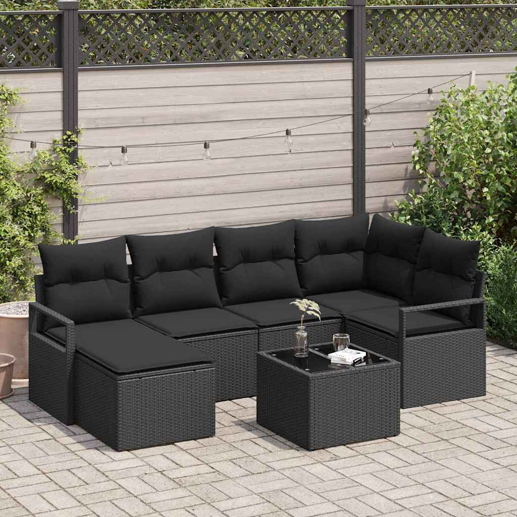 vidaXL Sofa Set mit Kissen mit Speicher 7 pcs Schwarz Poly-Rattan