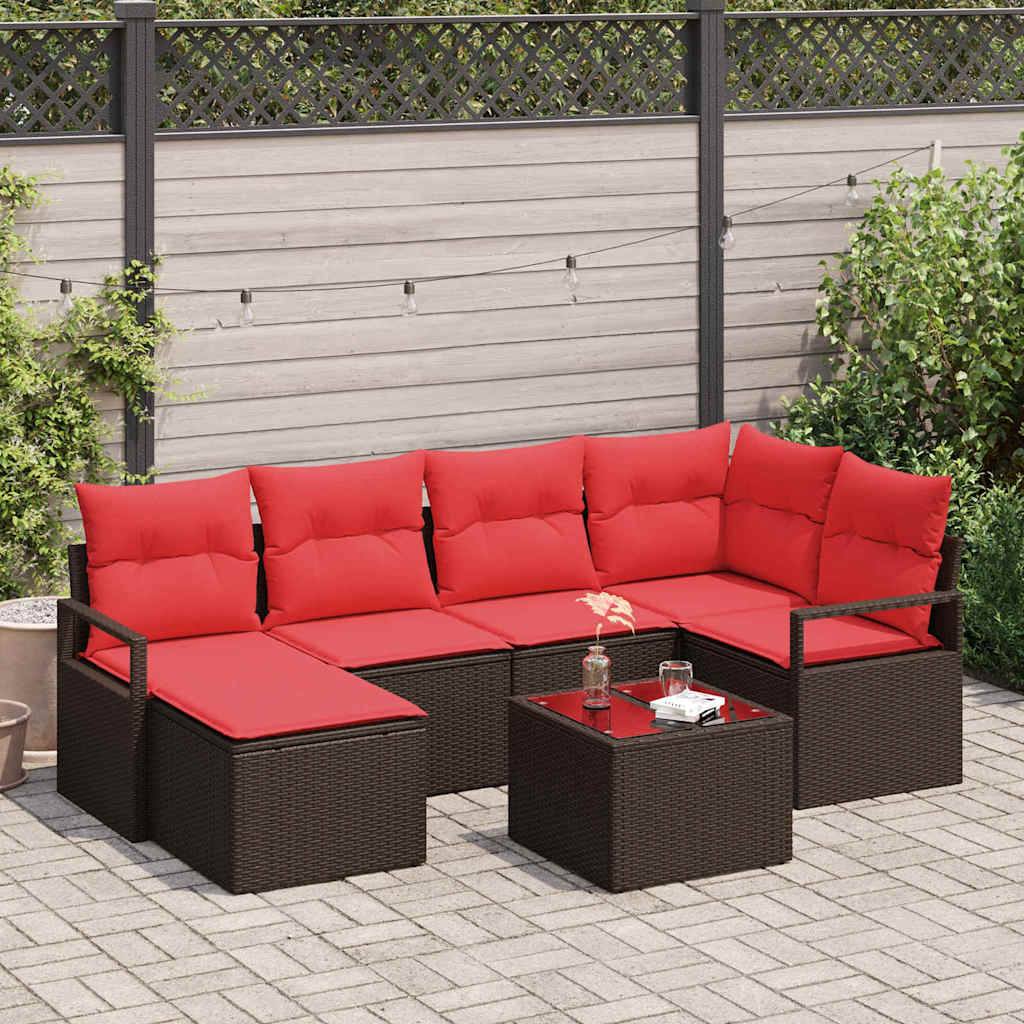 vidaXL Sofa Set mit Kissen 7 pcs Braun und Rot Poly-Rattan