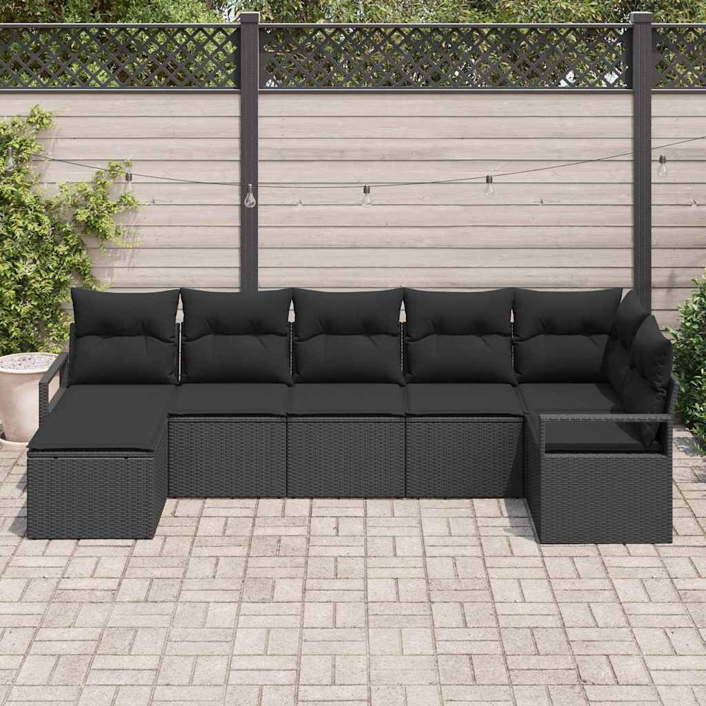 vidaXL Sofa Set mit Kissen mit Speicher 7 pcs Schwarz Poly-Rattan