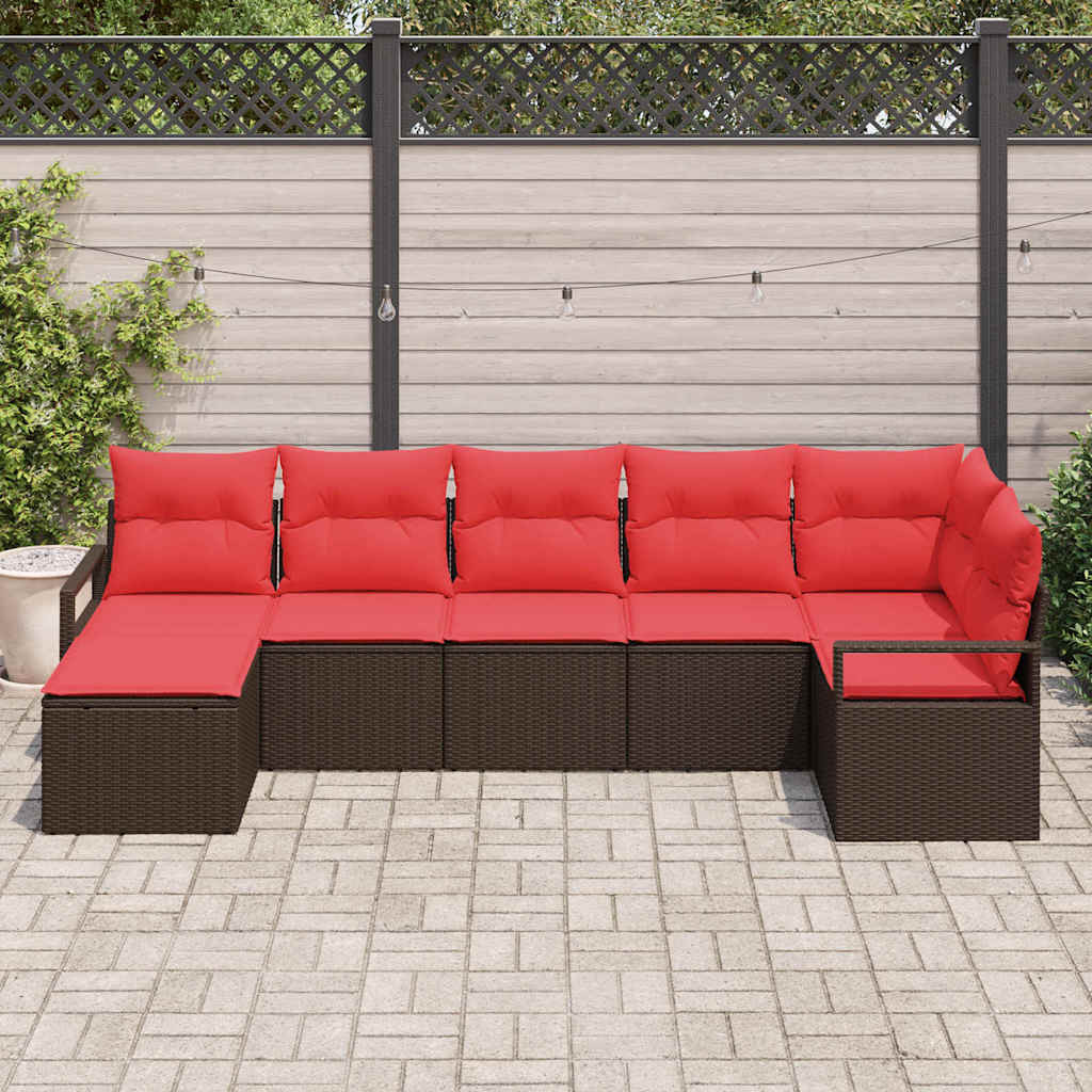 vidaXL Sofa Set mit Kissen 7 pcs Braun und Rot Poly-Rattan