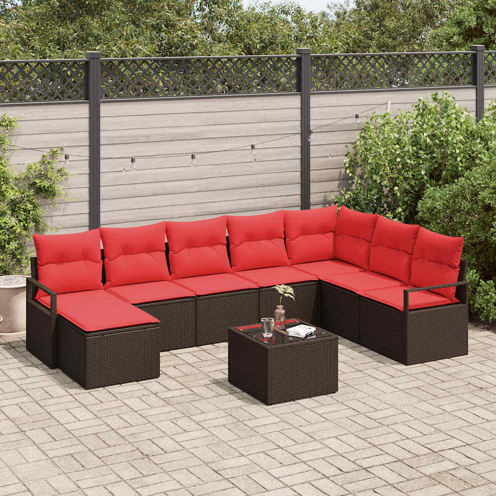 vidaXL Sofa Set mit Kissen 9 pcs Braun und Rot Poly-Rattan
