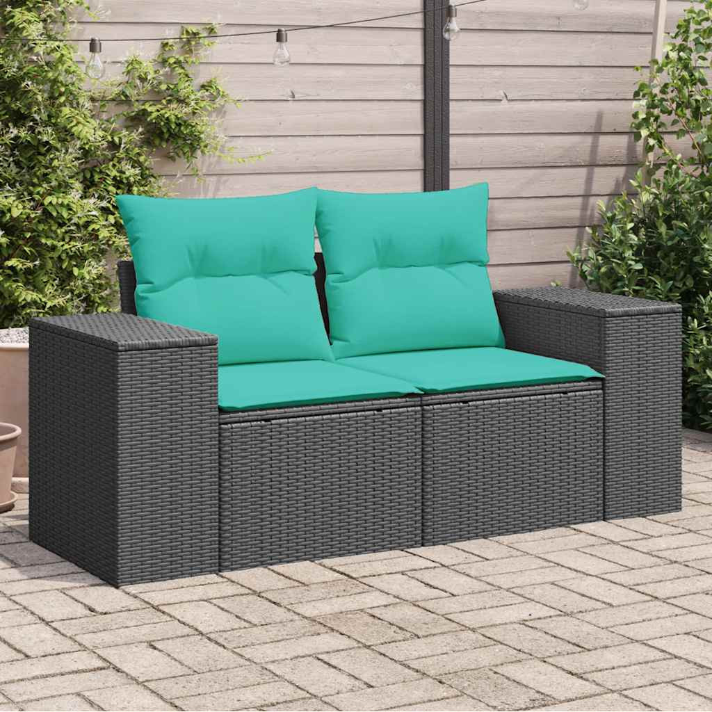 vidaXL Gartensofa mit Kissen 2-Sitzer Schwarz Poly Rattan
