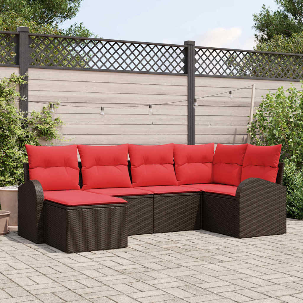 vidaXL Sofa Set mit Kissen 6 pcs Braun und Rot Poly-Rattan