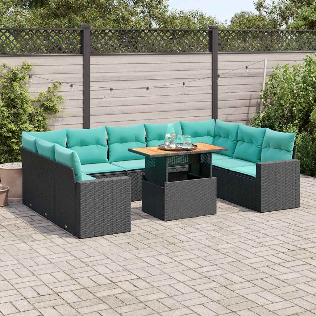 vidaXL 10-tlg. Garten-Sofagarnitur mit Kissen Schwarz Poly Rattan
