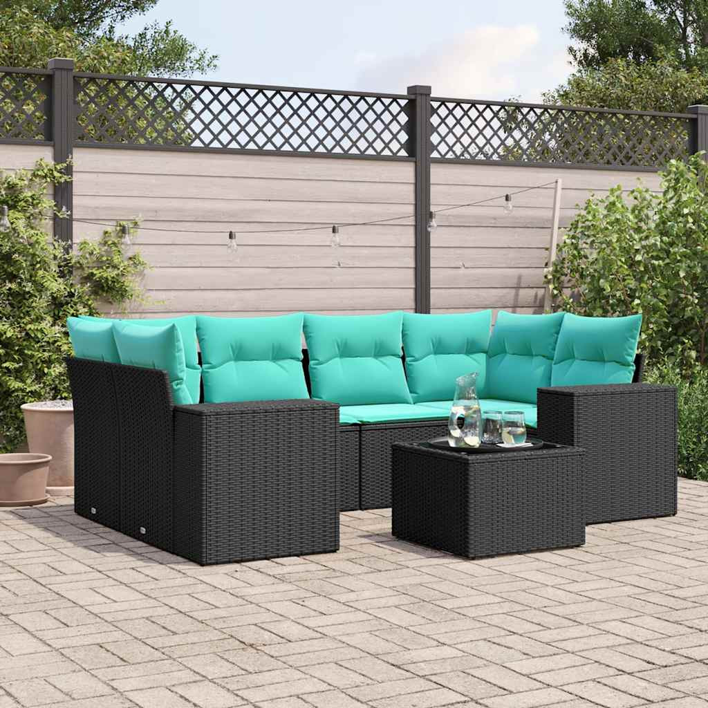vidaXL 7-teiliges Gartensofa-Set mit Kissen, schwarzes Polyrattan