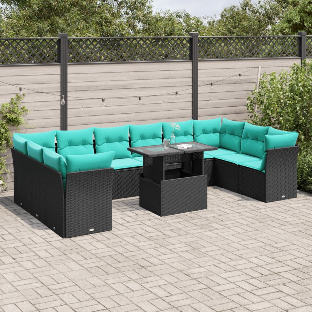 vidaXL 11-teiliges Gartensofa-Set mit Kissen, schwarzes Polyrattan