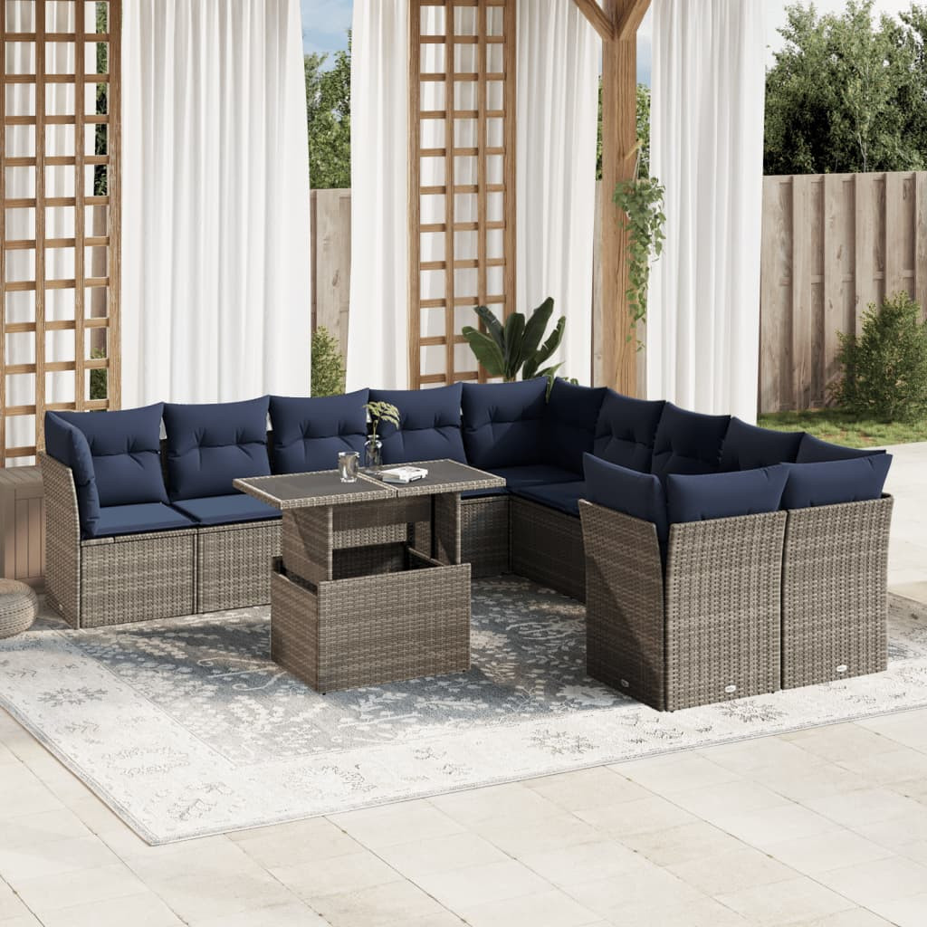 vidaXL 11-teiliges Gartensofa-Set mit Kissen, grau, Polyrattan