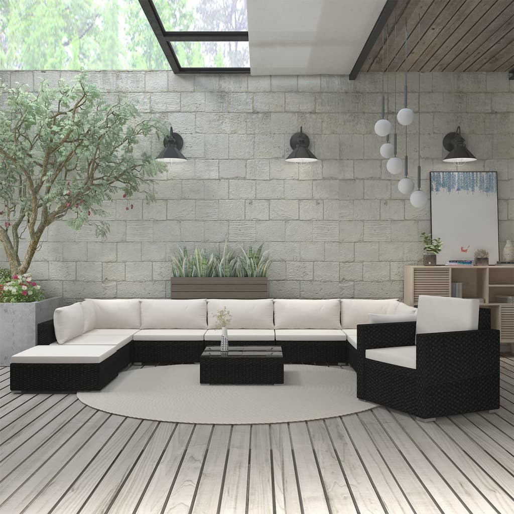 vidaXL 11-tlg. Garten-Lounge-Set mit Auflagen Poly Rattan Schwarz