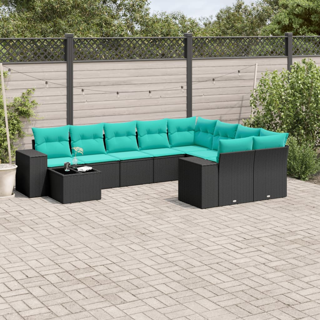 vidaXL 10-teiliges Gartensofa-Set mit Kissen, schwarzes Polyrattan