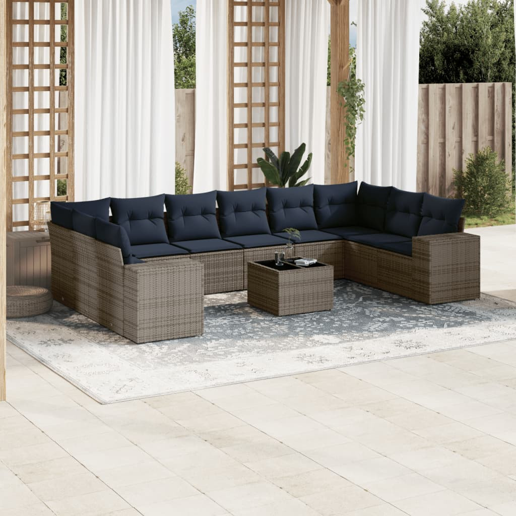 vidaXL 11-teiliges Gartensofa-Set mit Kissen, grau, Polyrattan