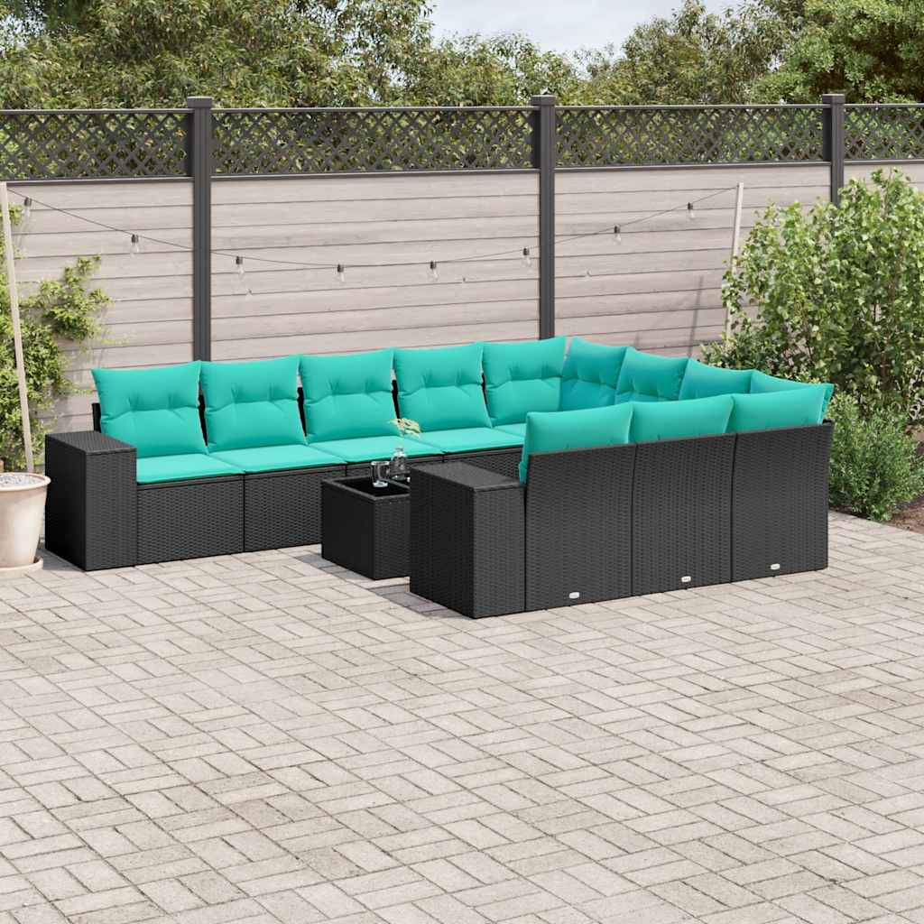 vidaXL 11-teiliges Gartensofa-Set mit Kissen, schwarzes Polyrattan
