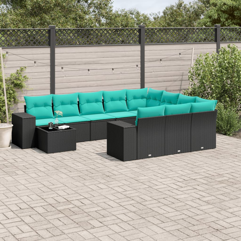 vidaXL 11-teiliges Gartensofa-Set mit Kissen, schwarzes Polyrattan