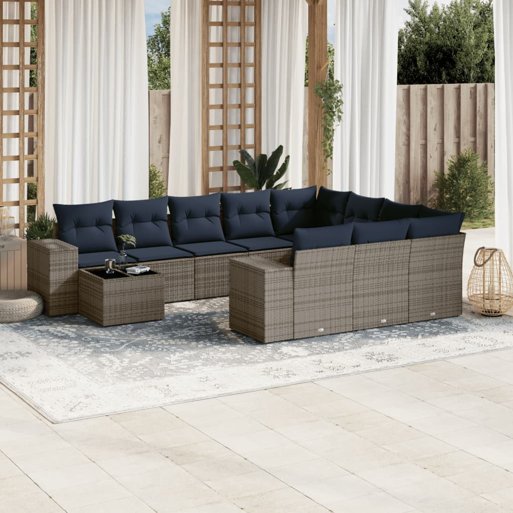 vidaXL 11-teiliges Gartensofa-Set mit Kissen, grau, Polyrattan