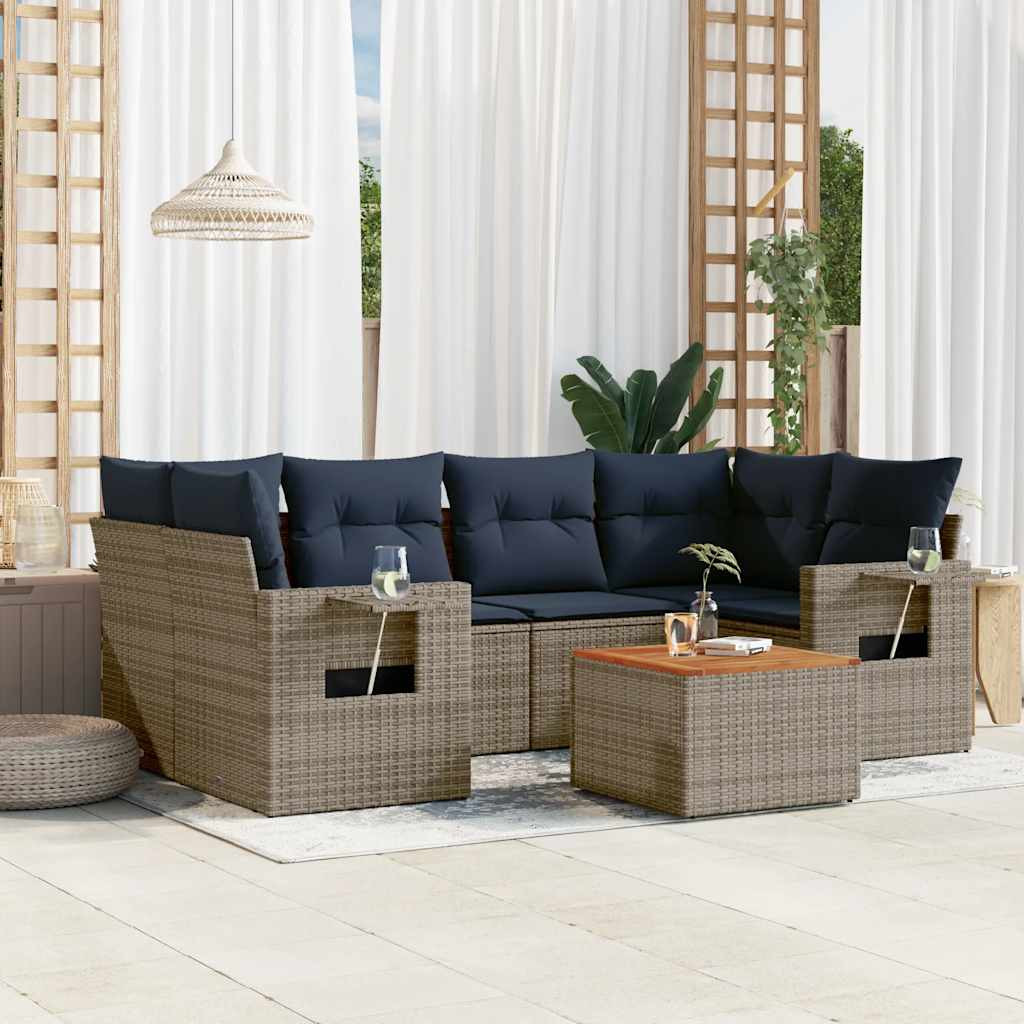 vidaXL 7-teiliges Gartensofa-Set mit Kissen, grau, Polyrattan