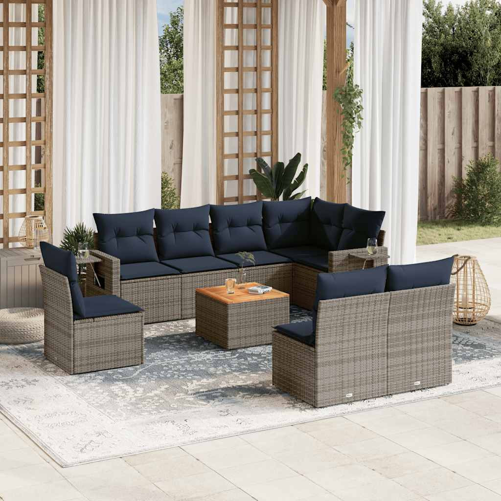 vidaXL 9-teiliges Gartensofa-Set mit Kissen, grau, Polyrattan