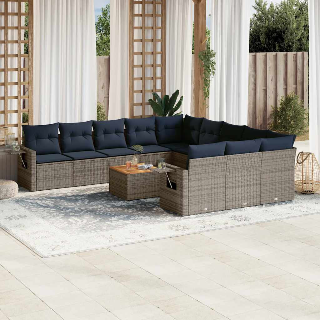 vidaXL 12-teiliges Gartensofa-Set mit Kissen, grau, Polyrattan