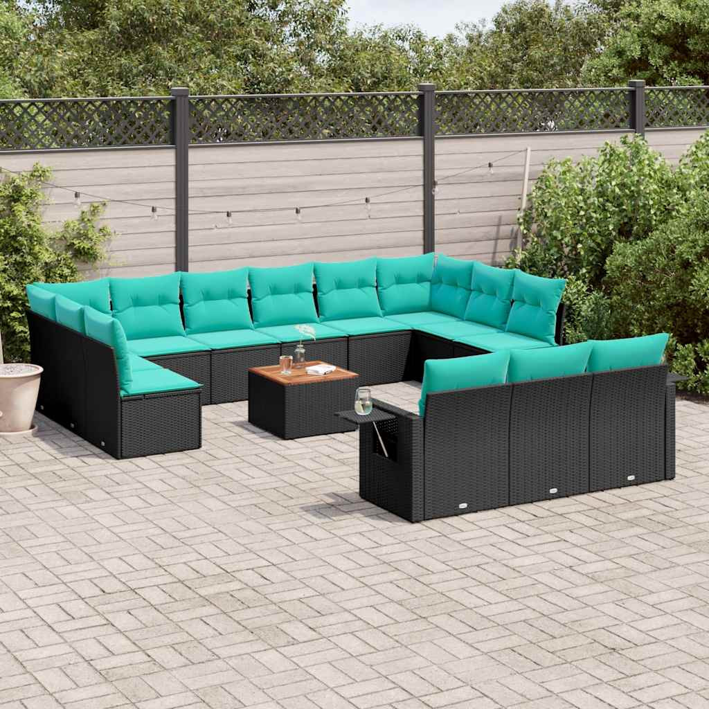 vidaXL 14-teiliges Gartensofa-Set mit Kissen, schwarzes Polyrattan