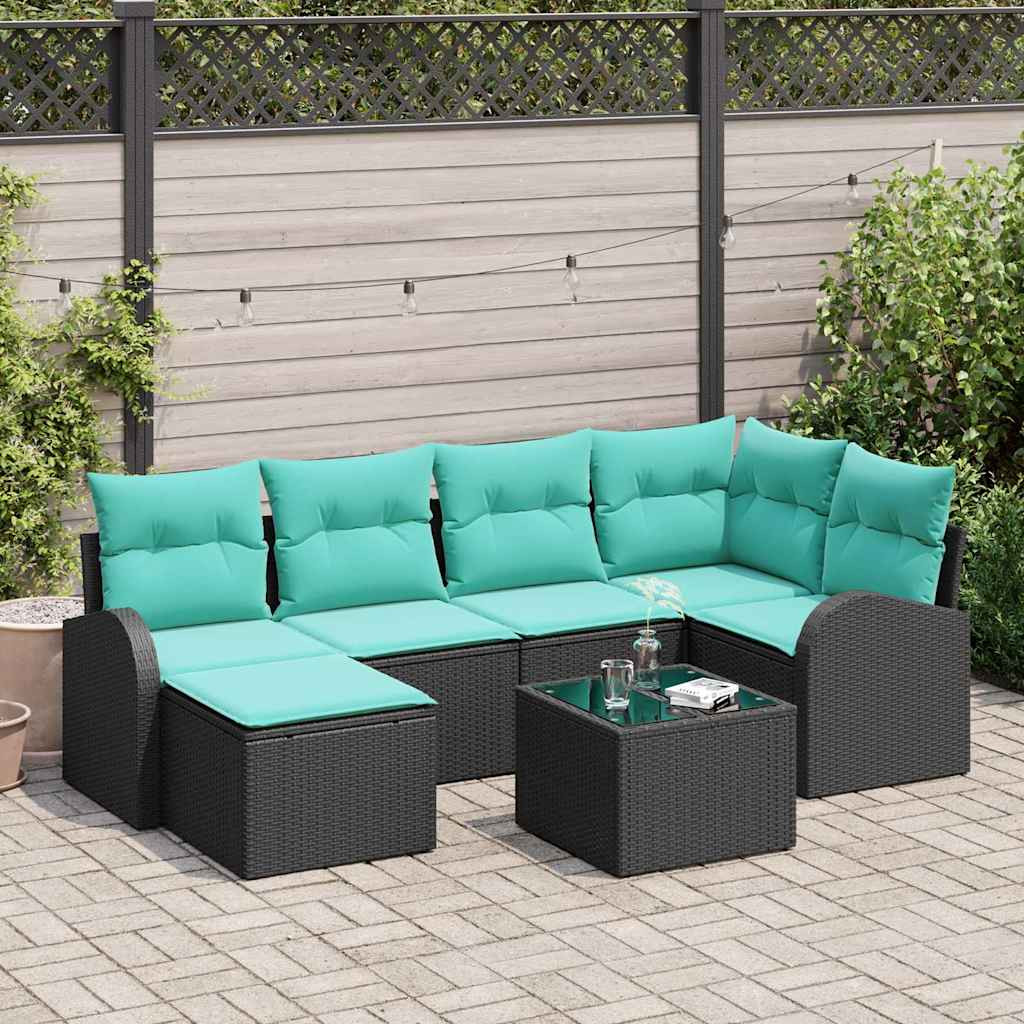 vidaXL Sofa Set mit Kissen 7 pcs Schwarz und Türkis Poly-Rattan