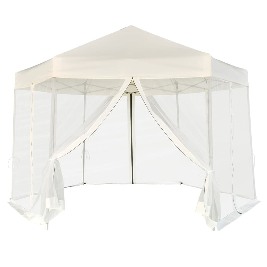 vidaXL Hexagonal Pop-Up Zelt mit 6 Seitenwänden Cremeweiß 3,6x3,1 m