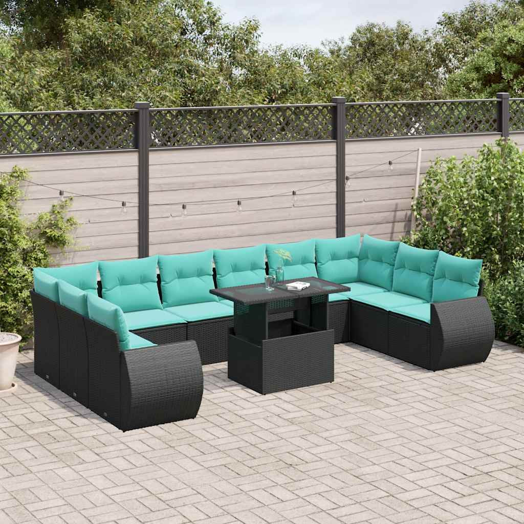 vidaXL 11-teiliges Gartensofa-Set mit Kissen, schwarzes Polyrattan