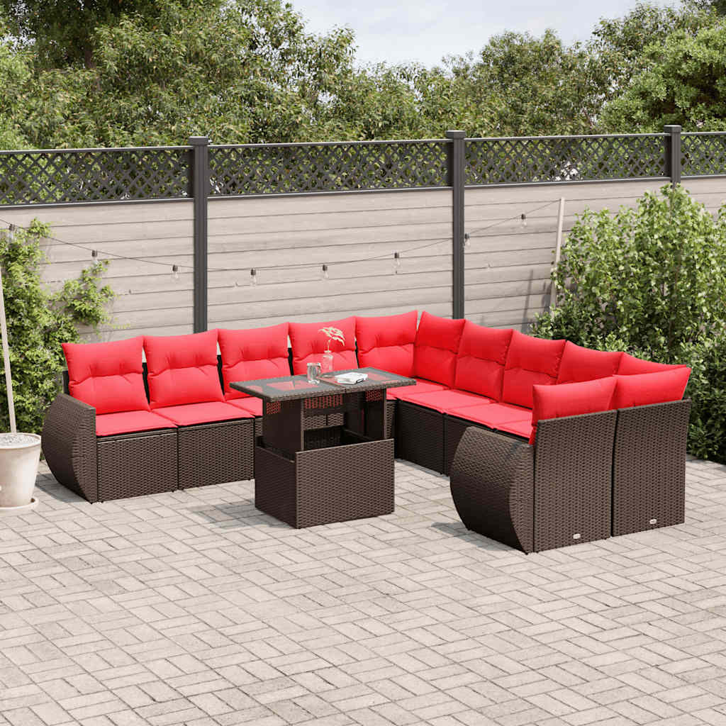 vidaXL 11-teiliges Gartensofa-Set mit Kissen, braun, Polyrattan
