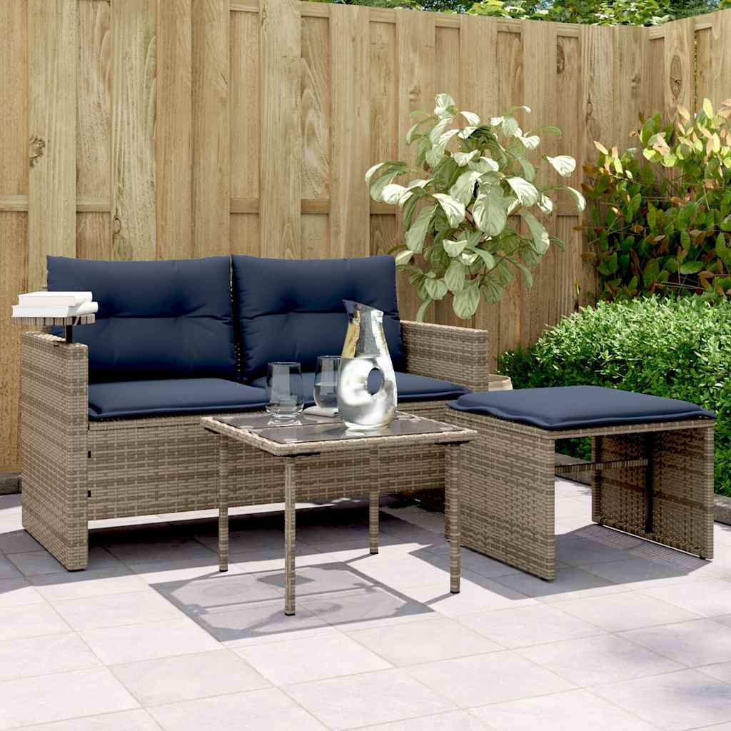 vidaXL 3-teiliges Gartensofa-Set mit Kissen, grau, Polyrattan