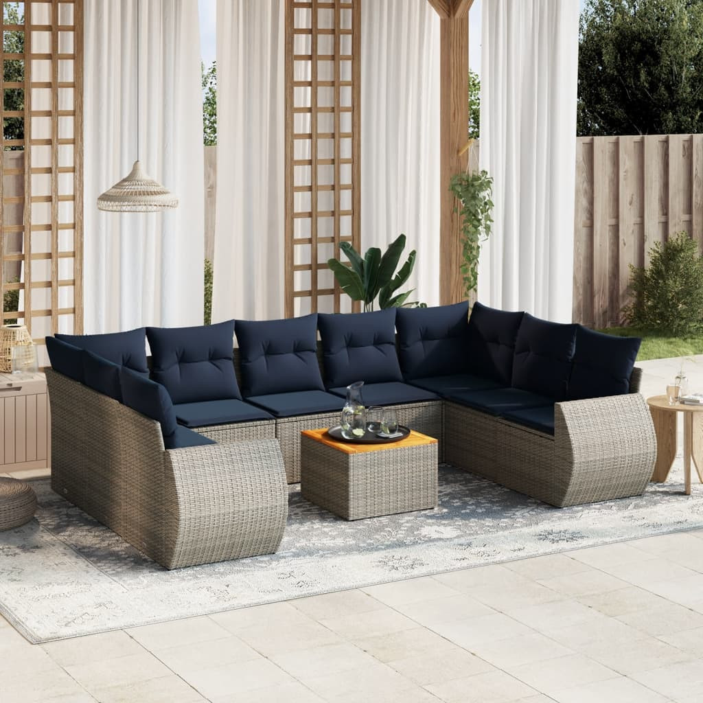 vidaXL 10-teiliges Gartensofa-Set mit Kissen, grau, Polyrattan