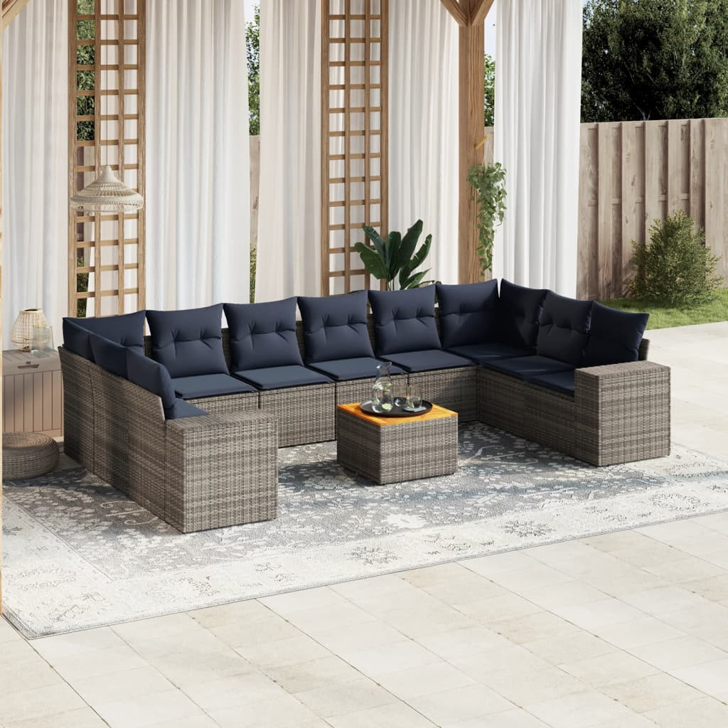 vidaXL 11-teiliges Gartensofa-Set mit Kissen, grau, Polyrattan