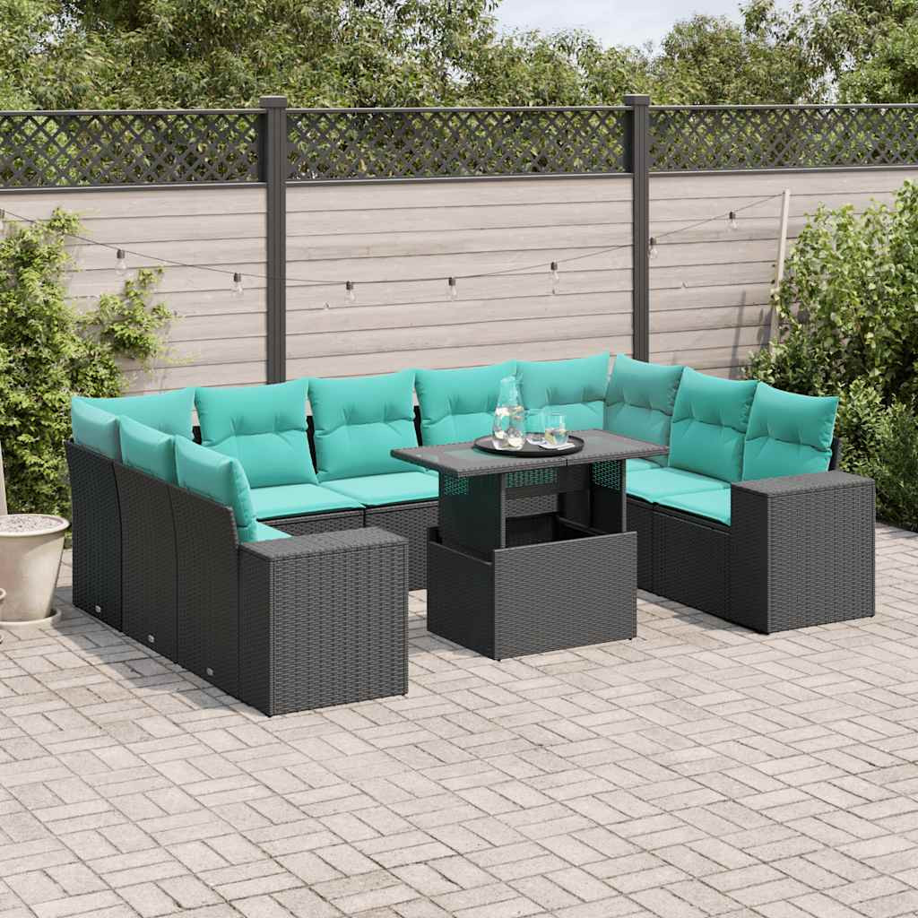 vidaXL 10-teiliges Gartensofa-Set mit Kissen, schwarzes Polyrattan