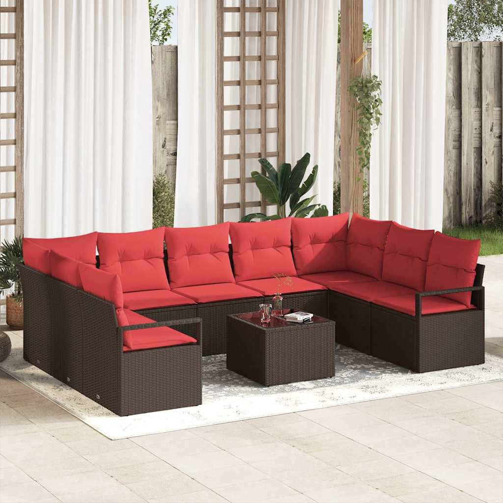 vidaXL Gartensofa-set mit Kissen 10 pcs Braun und Rot Poly-Rattan