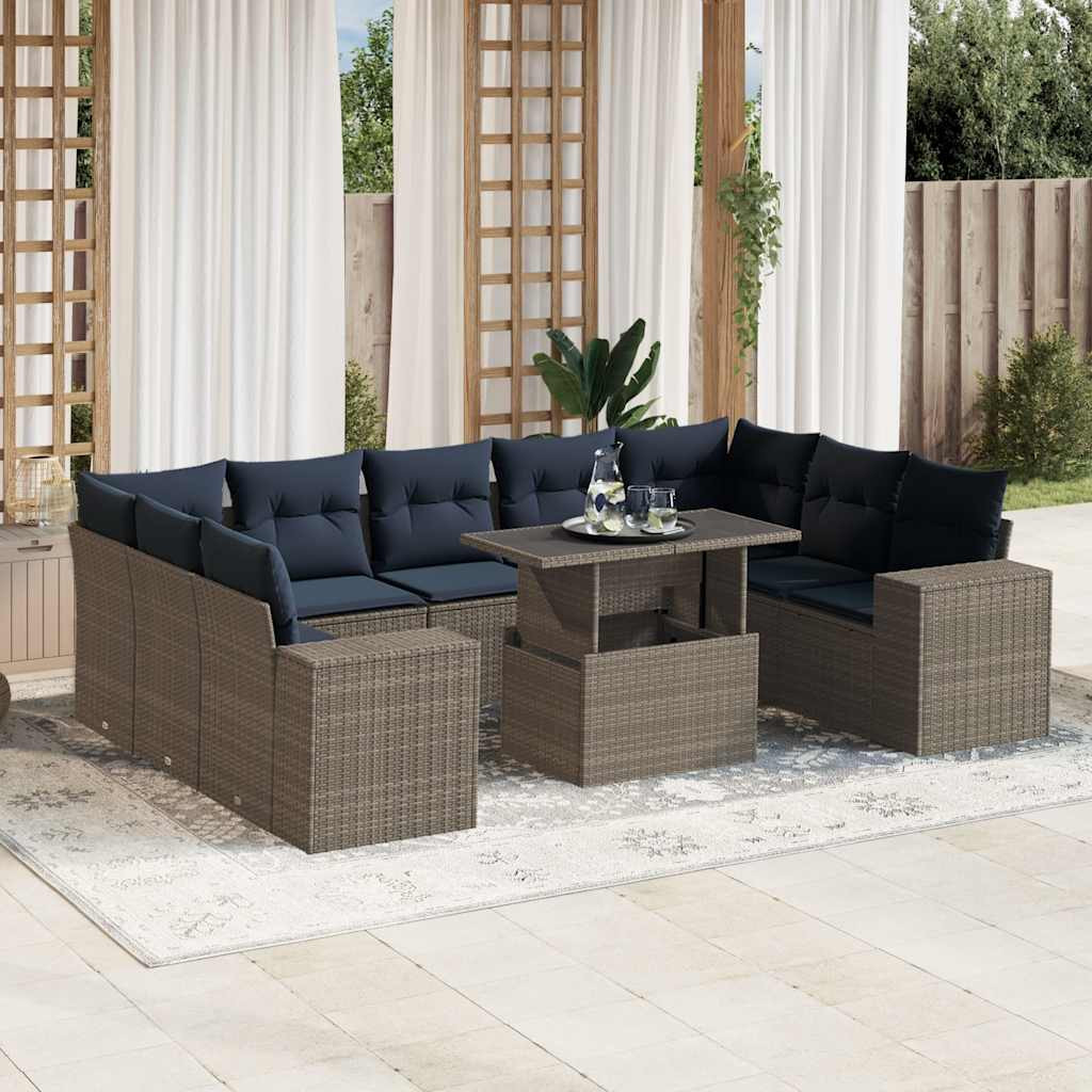 vidaXL 10-teiliges Gartensofa-Set mit Kissen, grau, Polyrattan