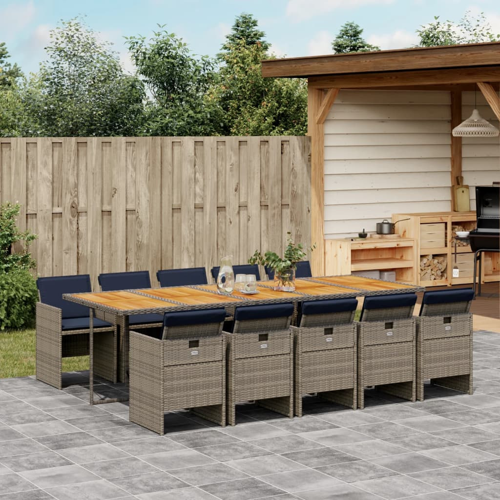 vidaXL 11-teiliges Garten-Ess-Set mit Kissen, grau, Polyrattan